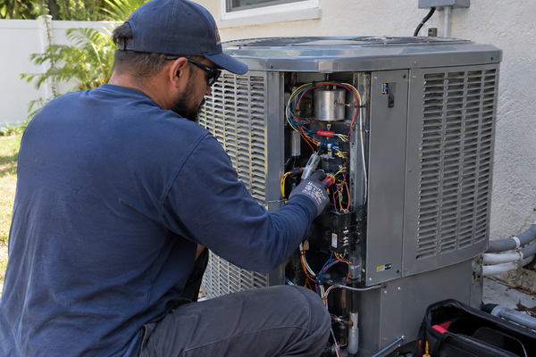 Air conditioning technician servicing AC unit